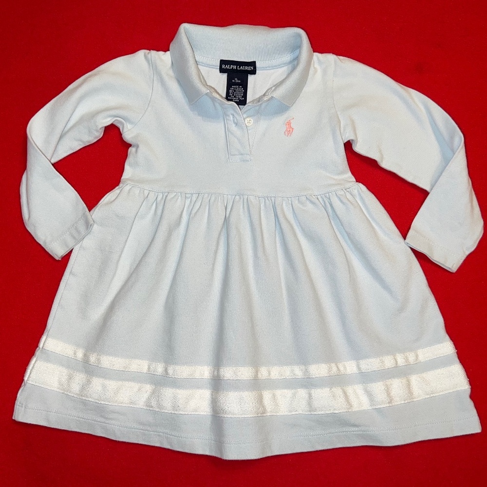 Ralph Lauren Button Collared Blue Polo Dress Baby Girl Pink Pony 18-24 mos.